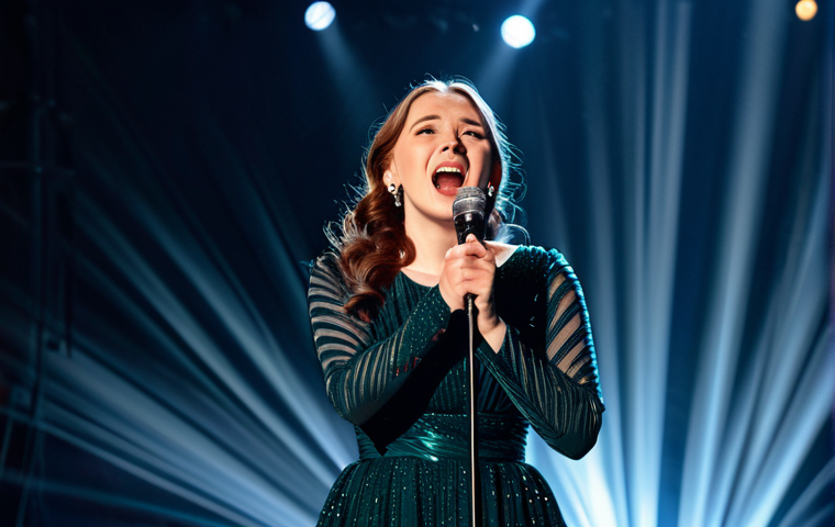 Vocal Performance & Emotional Expression**

"A female singer on stage, fully clothed in a modest evening gown, expressing deep emotion through her singing, bathed in stage lights, microphone in hand, safe for work, appropriate content, perfect anatomy, correct proportions, natural pose, professional stage lighting, high quality, family-friendly."

**