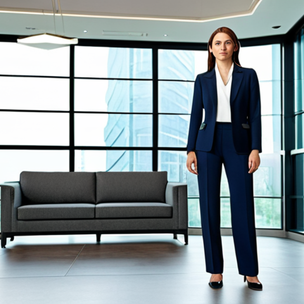 **

"A confident businesswoman in a tailored, modest power suit, standing in a modern office lobby with large windows and abstract art. Fully clothed, appropriate attire, safe for work, perfect anatomy, natural proportions, professional corporate photography, high quality, family-friendly."

**