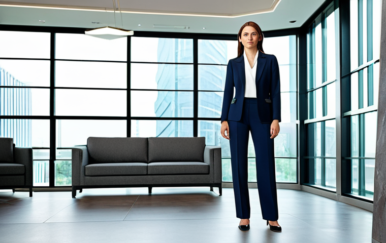 **

"A confident businesswoman in a tailored, modest power suit, standing in a modern office lobby with large windows and abstract art. Fully clothed, appropriate attire, safe for work, perfect anatomy, natural proportions, professional corporate photography, high quality, family-friendly."

**