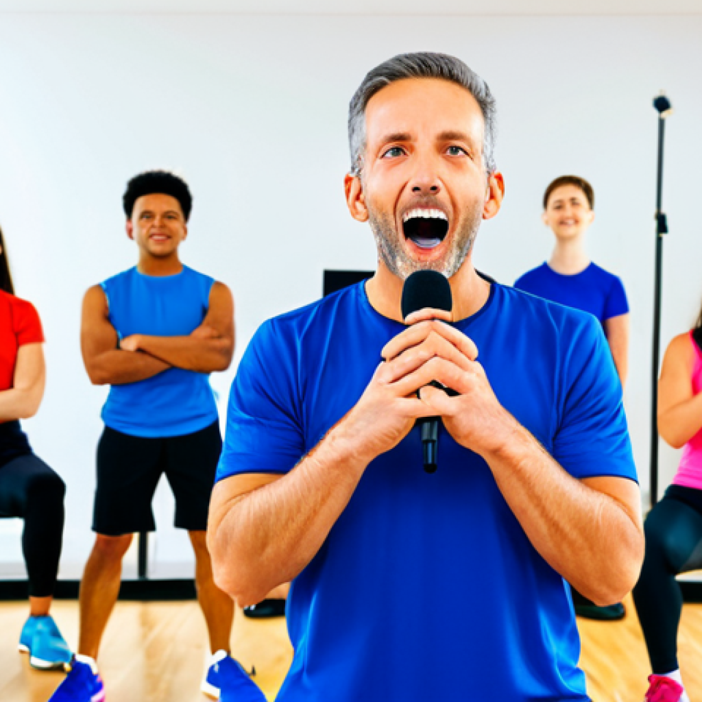 **

"A vibrant and energetic vocal coach in a modern, brightly lit studio, fully clothed in comfortable and modest athletic wear, demonstrating proper breathing techniques to a diverse group of fully clothed students. The studio is equipped with microphones, stands, and soundproofing. Safe for work, appropriate content, perfect anatomy, correct proportions, natural pose, professional, family-friendly, well-formed hands, proper finger count, natural body proportions."

**