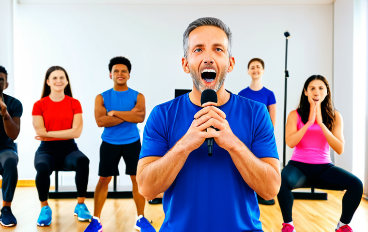 **

"A vibrant and energetic vocal coach in a modern, brightly lit studio, fully clothed in comfortable and modest athletic wear, demonstrating proper breathing techniques to a diverse group of fully clothed students. The studio is equipped with microphones, stands, and soundproofing. Safe for work, appropriate content, perfect anatomy, correct proportions, natural pose, professional, family-friendly, well-formed hands, proper finger count, natural body proportions."

**