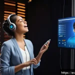 보컬트레이너 업계 동향 - A modern vocal training studio featuring a young Latin American singer wearing smart casual clothes ...