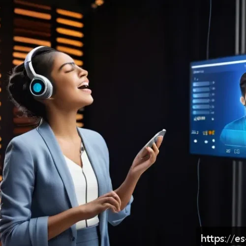 보컬트레이너 업계 동향 - A modern vocal training studio featuring a young Latin American singer wearing smart casual clothes ...