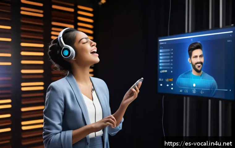 보컬트레이너 업계 동향 - A modern vocal training studio featuring a young Latin American singer wearing smart casual clothes ...