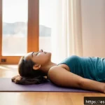 보컬트레이너 학습법 - A serene indoor scene featuring a young Hispanic woman practicing diaphragmatic breathing while lyin...