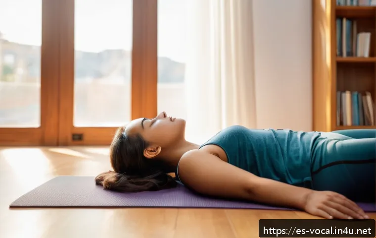 보컬트레이너 학습법 - A serene indoor scene featuring a young Hispanic woman practicing diaphragmatic breathing while lyin...